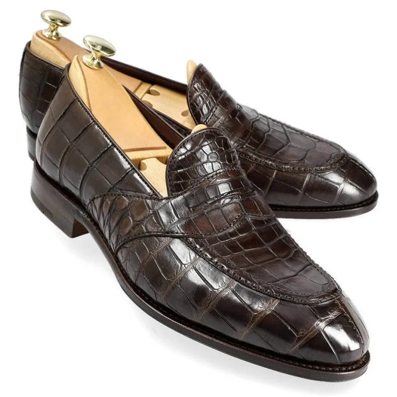 6 CM/2.36 Inches CMR CHAMARIPA Men's Handcrafted Brown Alligator Leather Penny Loafers