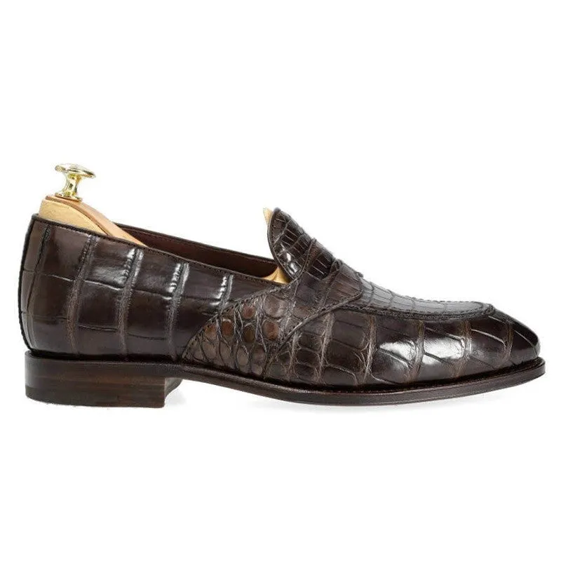 6 CM/2.36 Inches CMR CHAMARIPA Men's Handcrafted Brown Alligator Leather Penny Loafers
