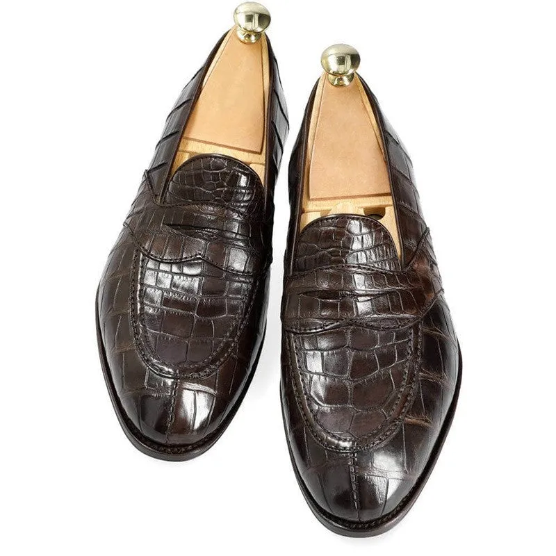 6 CM/2.36 Inches CMR CHAMARIPA Men's Handcrafted Brown Alligator Leather Penny Loafers