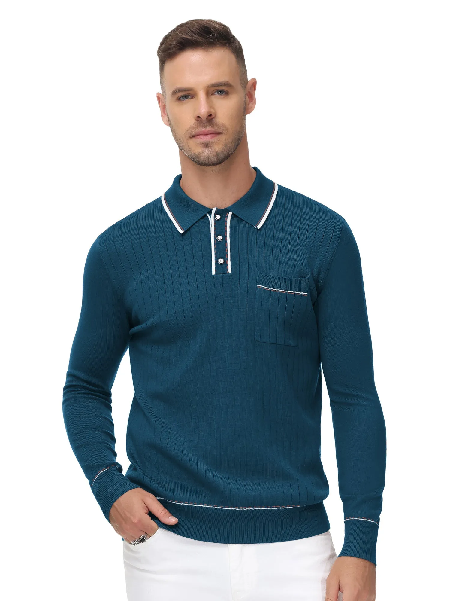 Men Ribbed Sweater Long Sleeve Lapel Collar Button-up Neck Pullover Knitwear Shirts