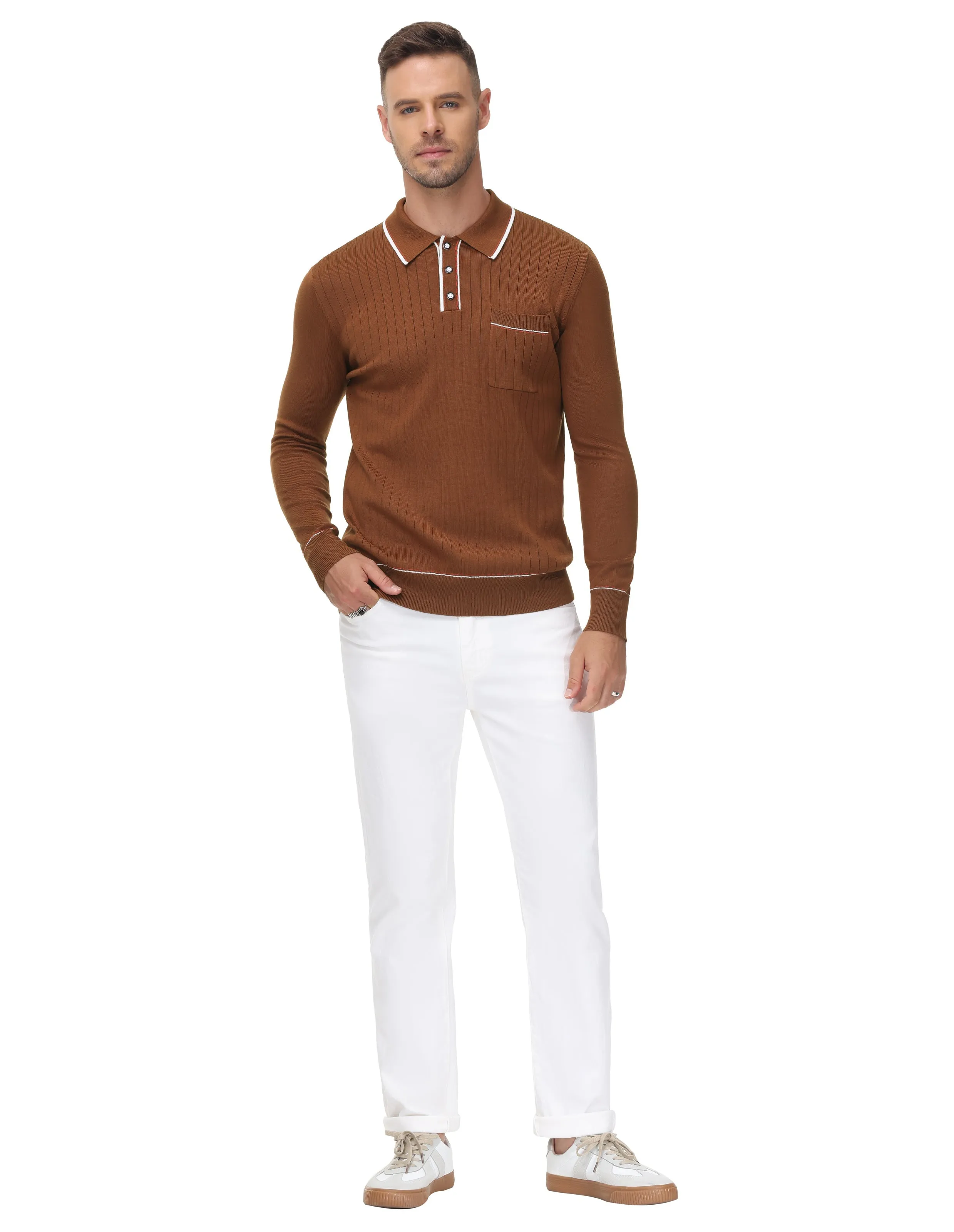 Men Ribbed Sweater Long Sleeve Lapel Collar Button-up Neck Pullover Knitwear Shirts