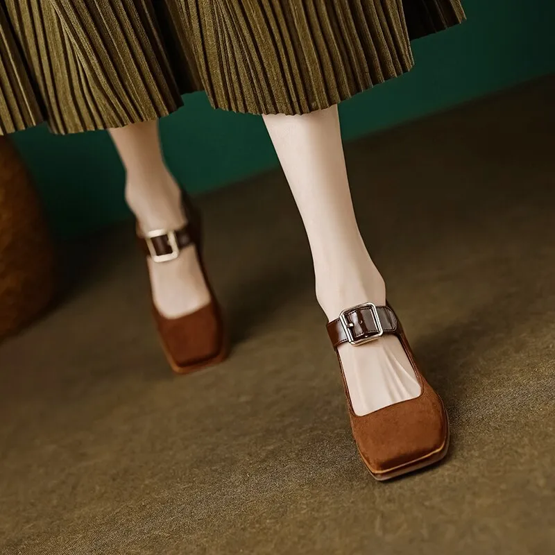 Purpdrank - 2023 New Spring Women Shoes Loafers Casual Chunky Heels Shoes for Women Square Toe Shoes Buckle Strap Women Pumps Mary Jane
