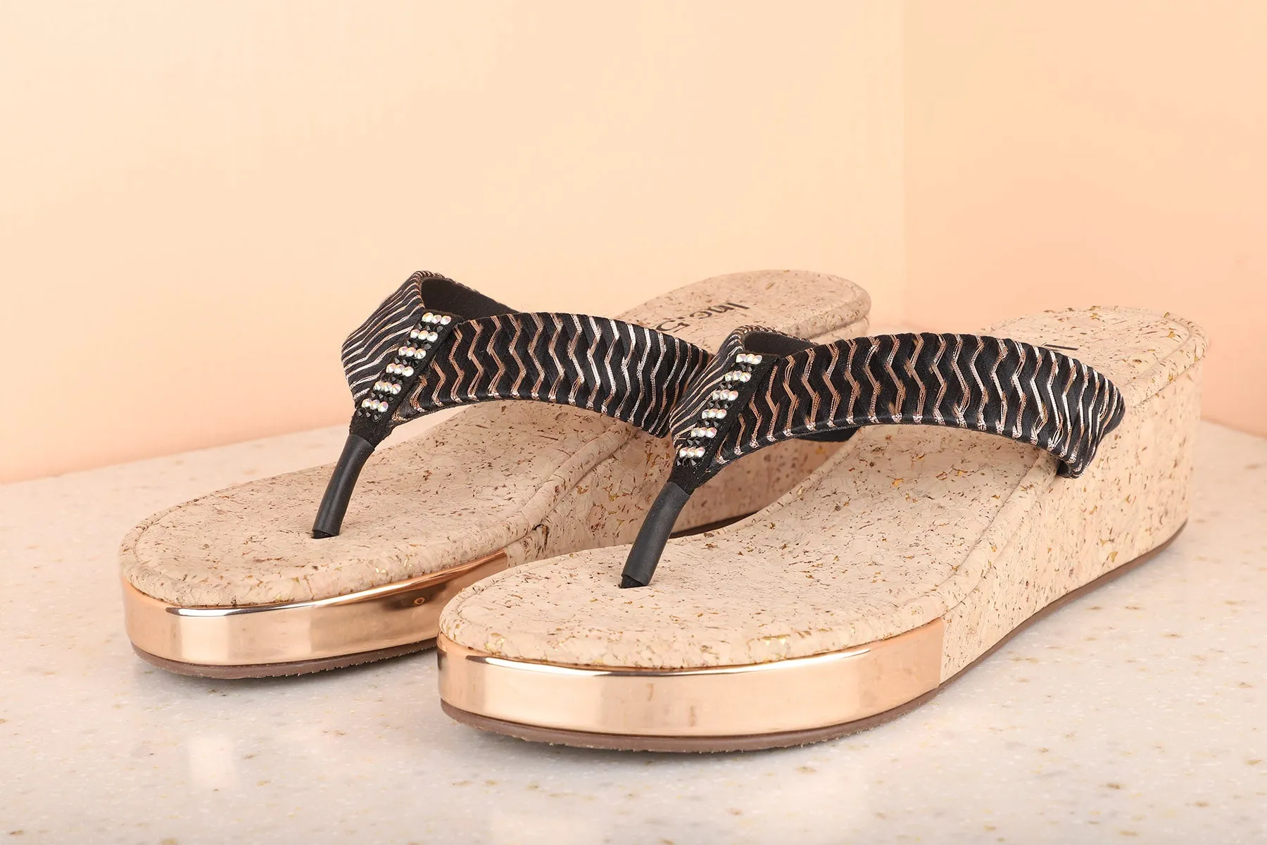 Women Black Embellished Open Toe Wedges
